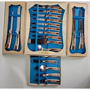 Vtg Regent‎ Sheffield 19 Piece Cutlery Presentation Knife Set England Brown Leaf